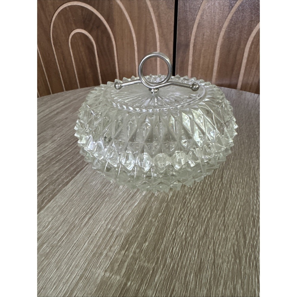 Vintage Diamond Point Boutique Candy Box & Lid Metal Finial by Indiana Glass